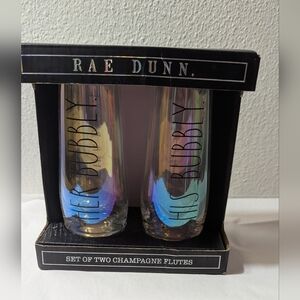 Rae Dunn Champagne  Flutes Set His Bubbly & Her Bubbly Iridescent NIB